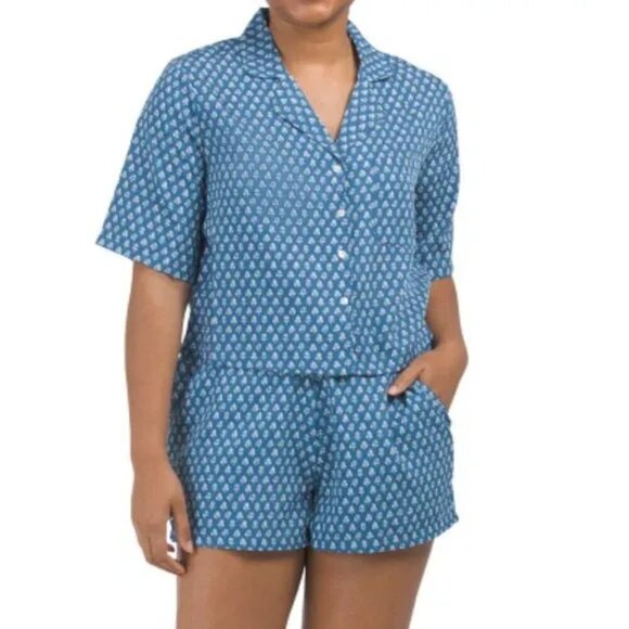 HAUTE HIPPIE STYLE Patchwork Notched Cropped Short Pajama Set Medium - Picture 1 of 8